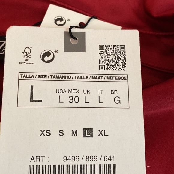 🌹NWT. Zara Dark Pink/Red Satin Shirt Mini Dress with V-neck. Size L. - Picture 8 of 10